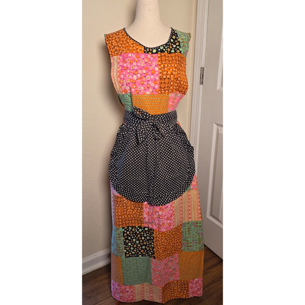 1970s Design House Patchwork Pinafore Sleeveless Maxi Dress Cottagecore